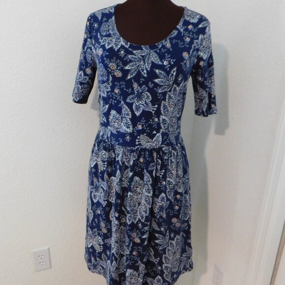 Lands End Dress Womens M Medium Navy Blue Floral Pockets Banded Waist - Picture 1 of 6